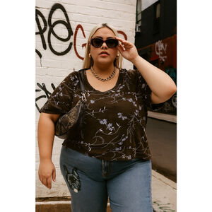 Vintage Ronni Nicole II Y2k Black Light Blue Floral Tunic Top Plus Size 20W